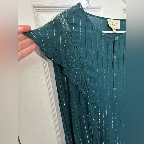 Cleobella Emerald Green Long Sleeve Metallic Striped Ruffle Blouse Size Medium - Picture 4 of 12